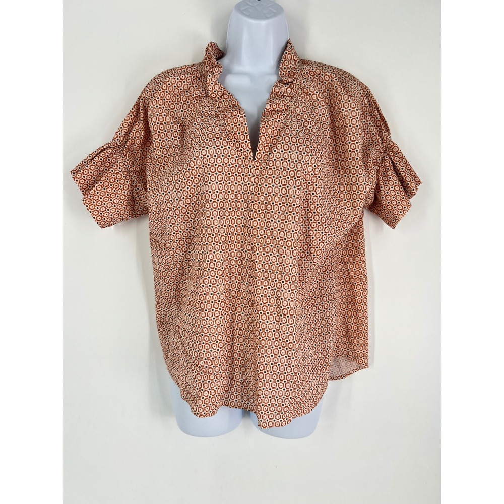 Finley XS Womens Rust Orange Geometric Cotton Ruffle V-Neck Blouse Made in USA